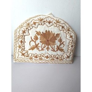 Vintage Heavily Embroidered Tea Pot Cozy  Golf Floral Thickly Padded  Hand Made